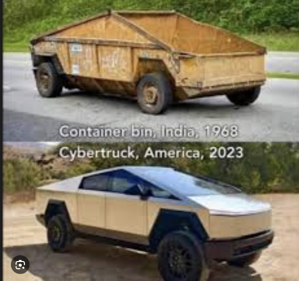 A comparison between a Cybertruck circa 2023 and an Indian container bin circa 1968.
